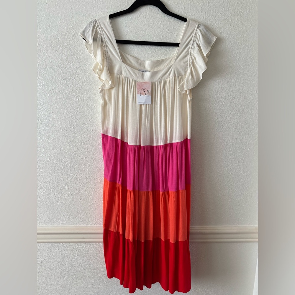 Colorful Tiered Swing Dress with Ruffle Sleeves NWT